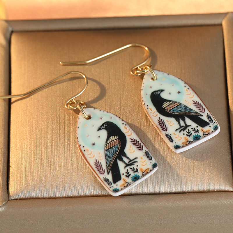 Vintage Crow Print Resin Earrings for Women